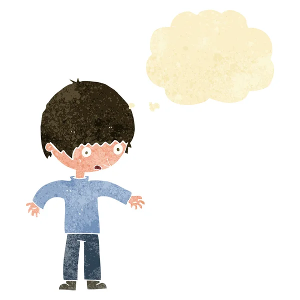 Cartoon verward jongen met gedachte zeepbel — Stockvector