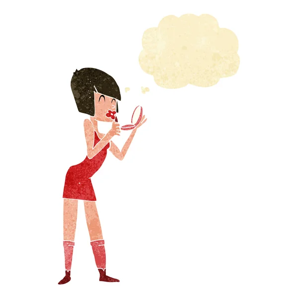 Cartoon woman applying lipstick with thought bubble — Stock Vector
