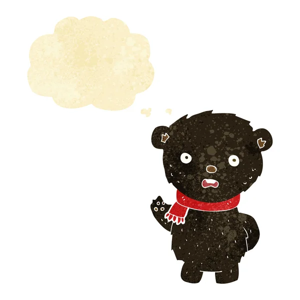 Dessin animé ours noir portant écharpe avec bulle de pensée — Image vectorielle
