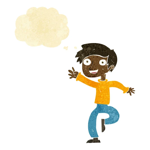 Çizgi film heyecanlı çocuk düşünce baloncuğuyla dans ediyor — Stok Vektör