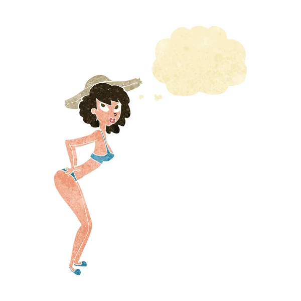Dibujos animados pin-up chica de playa con burbuja de pensamiento — Vector de stock