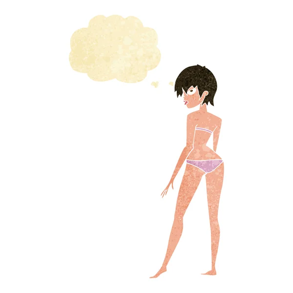 Cartoon vrouw in bikini met gedachte bubble — Stockvector