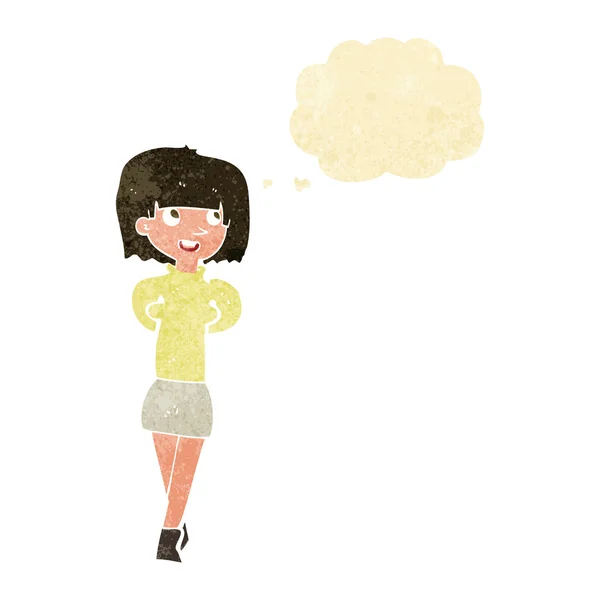 Desenhos animados mulher feliz com bolha de pensamento — Vetor de Stock