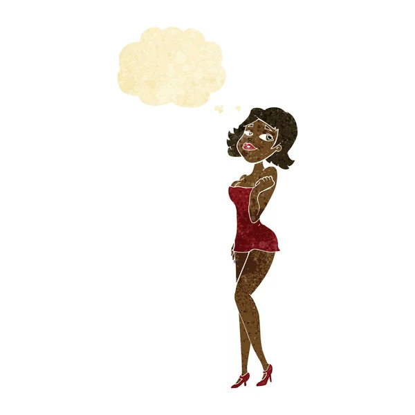 Dibujos animados mujer atractiva en vestido corto con burbuja de pensamiento — Vector de stock