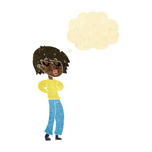 Femme dessin animé sifflement avec bulle de pensée — Image vectorielle
