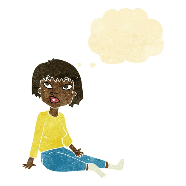 Femme dessin animé assis sur le sol avec bulle de pensée — Image vectorielle