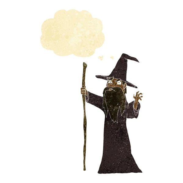 Cartoon spooky wizard met gedachte zeepbel — Stockvector