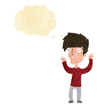 Düşünce baloncuğuyla kollarını sallayan çizgi film adamı.