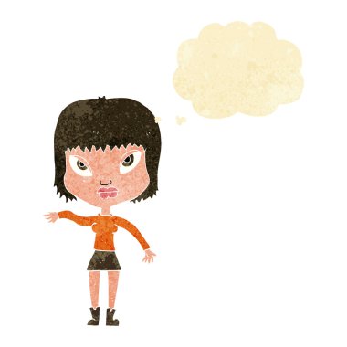 Çizgi film kadını düşünce balonuyla jest yapıyor.