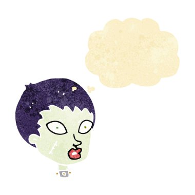 Düşünce baloncuklu dişi zombi kafası.