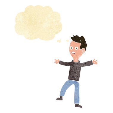 Düşünce baloncuğu olan ürkmüş bir çocuk.