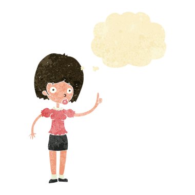 Düşünce baloncuğu olan çizgi film kadını.