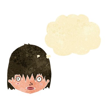 Düşünce baloncuğu olan çizgi film kadını.