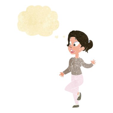 Çizgi film dostu kadın düşünce balonuyla el sallıyor.
