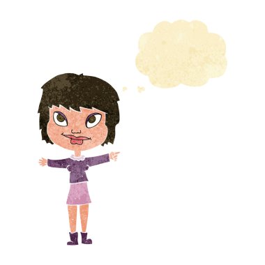 Çizgi film kadını düşünce balonunu işaret ediyor.