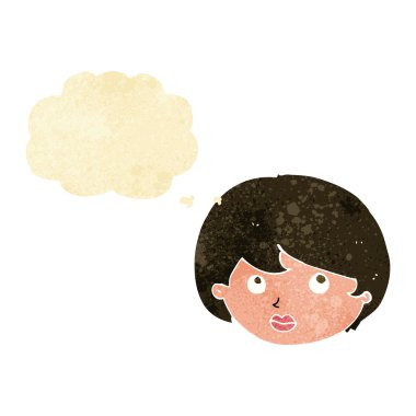 Düşünce baloncuğuyla yukarı bakan kadın yüzü.