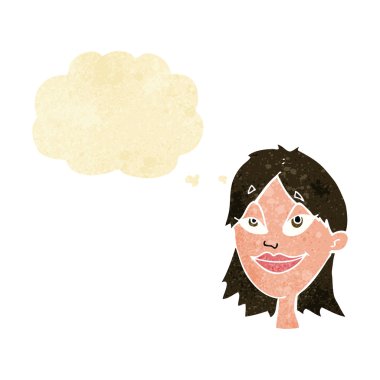 Düşünce baloncuğu olan mutlu çizgi film kadını