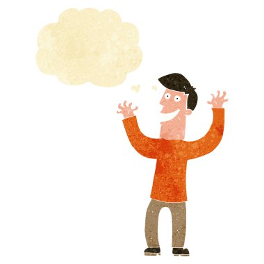 Düşünce baloncuğu olan heyecanlı bir adam.