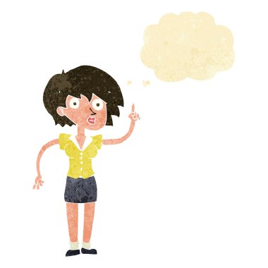 Düşünce baloncuğu sorusu olan karikatür kadın.