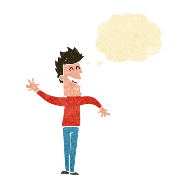 çizgi film mutlu adam düşünce baloncuğuyla el sallıyor