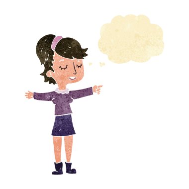 çizgi film mutlu kadın düşünce baloncuğu ile işaret