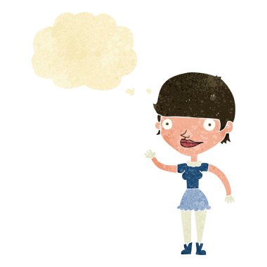 Düşünce baloncuğu olan çizgi film kadını.