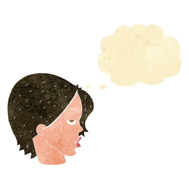 Düşünce baloncuğuyla kaşlarını kaldıran çizgi filmci kadın.