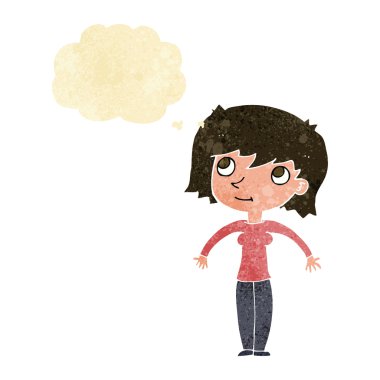 Çizgi filmdeki kadın düşünce balonuyla omuz silkiyor.
