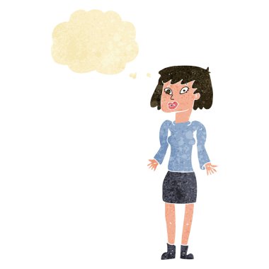 Çizgi filmdeki kadın düşünce balonuyla omuz silkiyor.