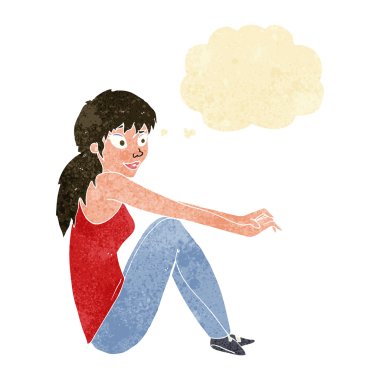 Düşünce baloncuğuyla oturan mutlu kadın çizgi filmi