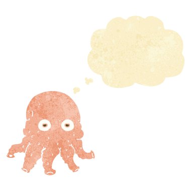 Düşünce baloncuklu uzaylı mürekkep balığı suratlı çizgi film