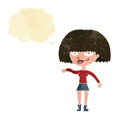 Çizgi filmdeki kendini beğenmiş kadın düşünce baloncuğuyla kibirli hareketler yapıyor.