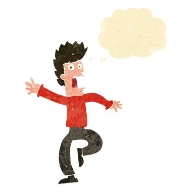 Düşünce baloncuğu olan korkmuş bir adam.