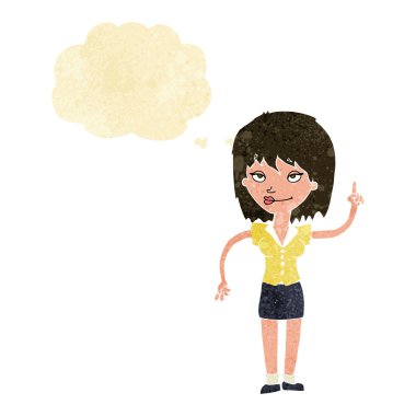 Düşünce baloncuğu olan çizgi film kadını.