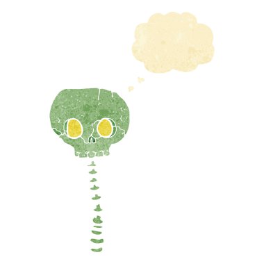 Düşünce baloncuklu ürkütücü kafatası ve omurga.