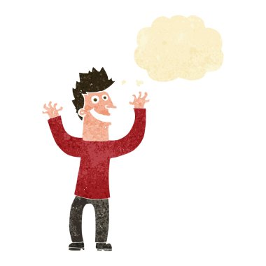 Düşünce baloncuğu olan heyecanlı bir adam.