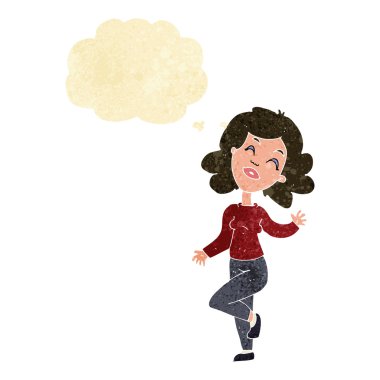Düşünce baloncuğuyla dans eden mutlu kadın çizgi filmi