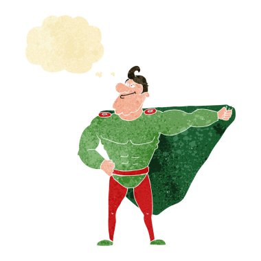 Düşünce baloncuğu olan komik bir süper kahraman.