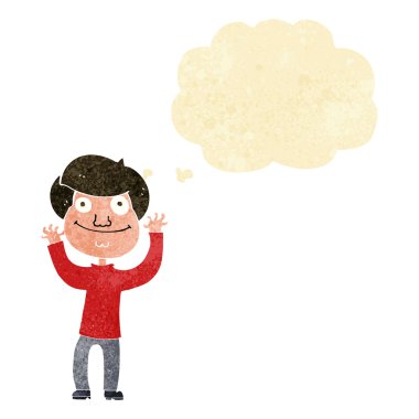 Düşünce baloncuğu olan mutlu çocuk.