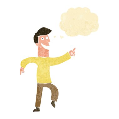 Düşünce baloncuğu ile sırıtan çizgi film adamı.