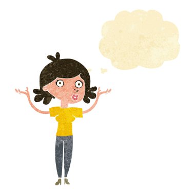 Çizgi filmdeki kadın düşünce balonuyla kollarını havaya kaldırıyor.