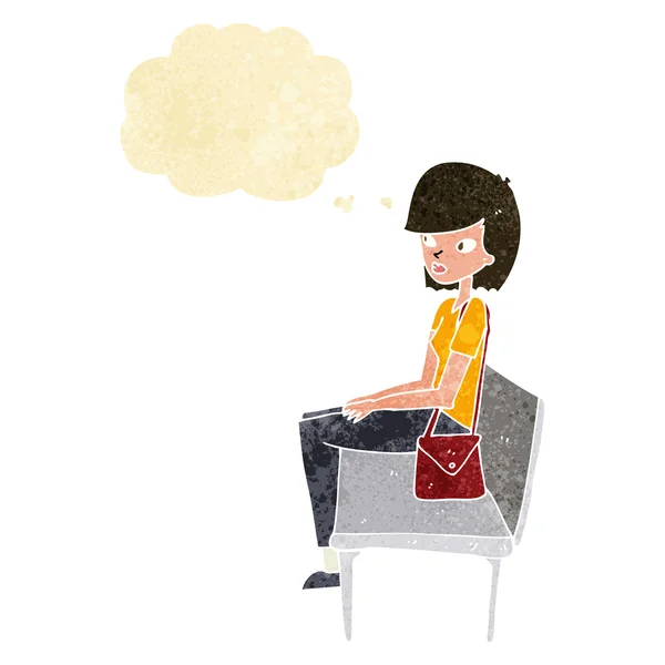 Mujer de dibujos animados sentado en el banco con burbuja de pensamiento — Archivo Imágenes Vectoriales