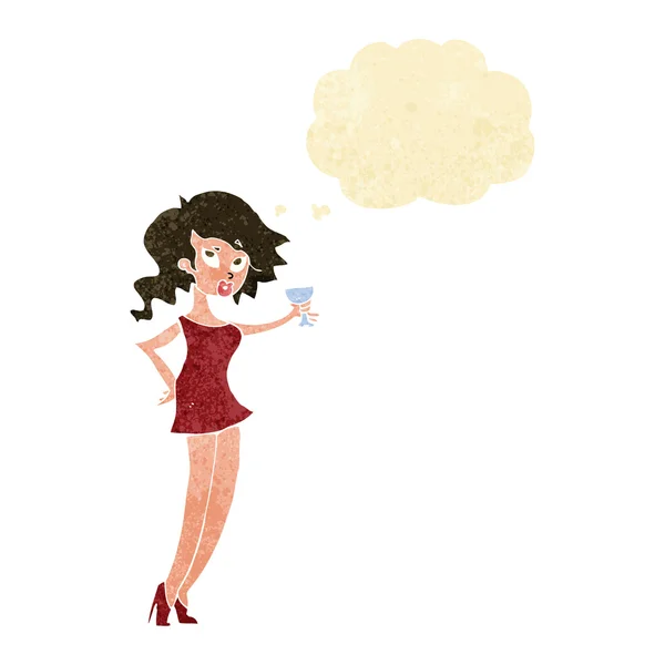 Femme dessin animé à la fête avec bulle de pensée — Image vectorielle