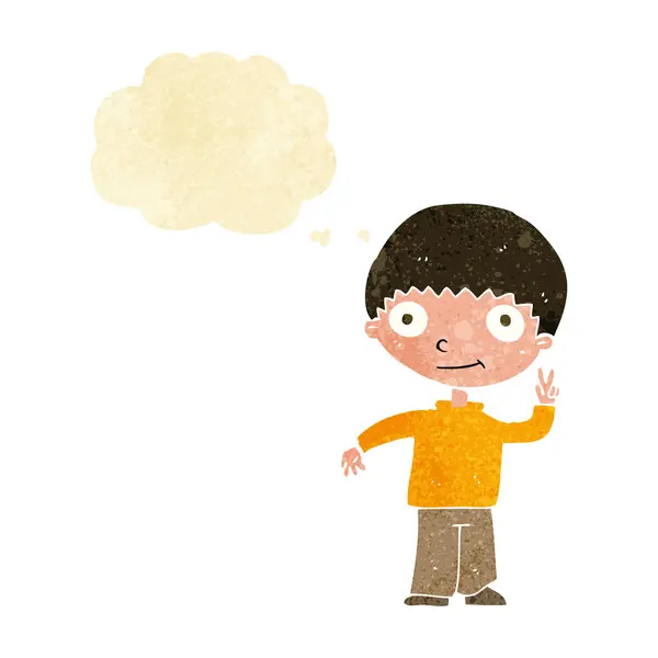 Desenho animado menino dando sinal de paz com bolha pensamento — Vetor de Stock