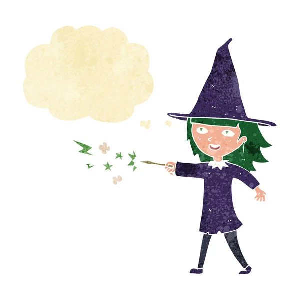 Cartoon witch girl casting spell with thought bubble — Stock Vector