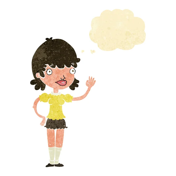 Dibujos animados mujer ondeando con burbuja de pensamiento — Vector de stock