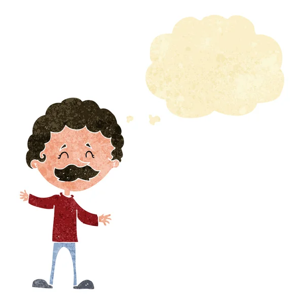 Tecknad lycklig man med mustasch med tanke bubbla — Stock vektor