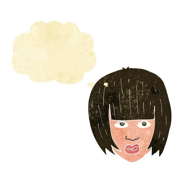 Desenho animado irritado menina com cabelo grande com bolha de pensamento — Vetor de Stock