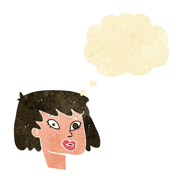 Desenho animado rosto feminino bonito com bolha de pensamento — Vetor de Stock