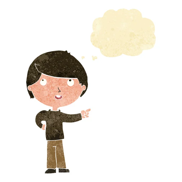 Dibujos animados chico apuntando con burbuja de pensamiento — Archivo Imágenes Vectoriales